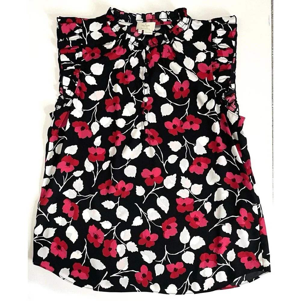 Kate Spade New York Live Colorfully Floral Ruffle Blouse Medium Black Pink Boho
